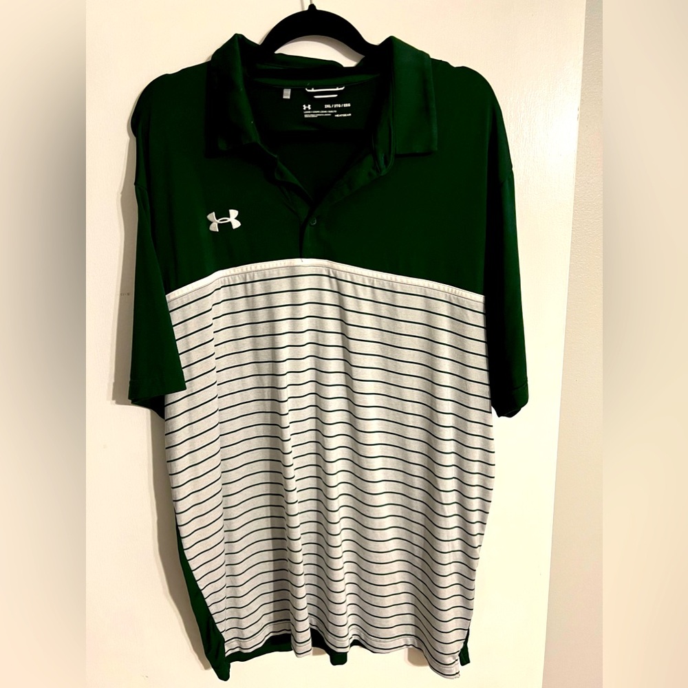 Never worn Green and grey striped Under Armour golf polo